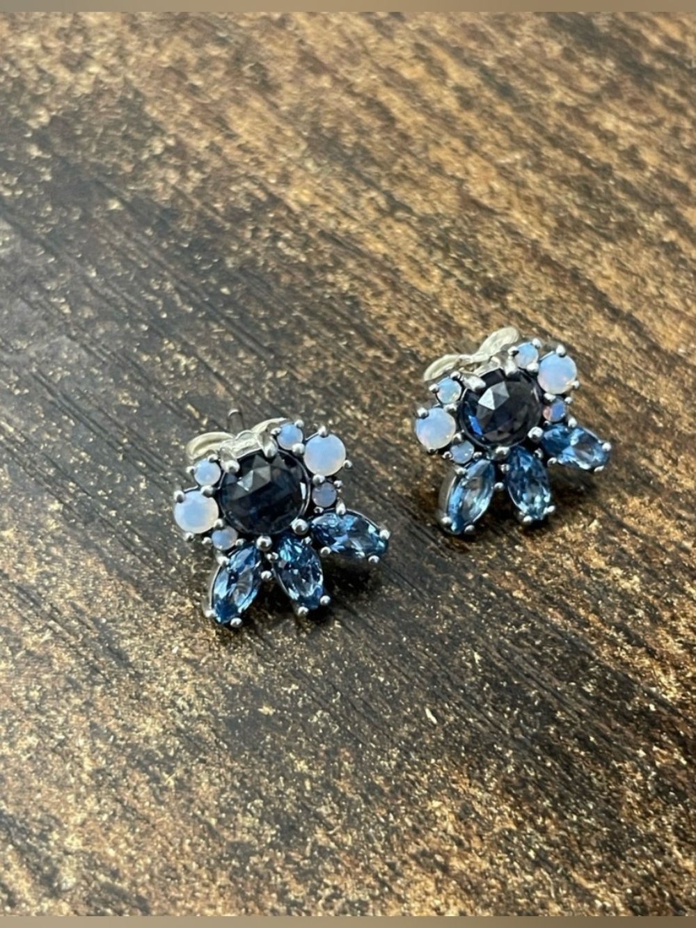 Blue Crystal Flower Stud Earrings